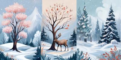 The primary subject of the image is a deer standing in a snowy field. The setting is a winter landscape with a snow-covered ground and a tree in the foreground. The visual style is a combination of digital art and illustration, creating a realistic and captivating scene. The colors and mood of the image are predominantly cold and serene, with the snow and the deer's presence evoking a sense of tranquility and beauty in the midst of the winter season.